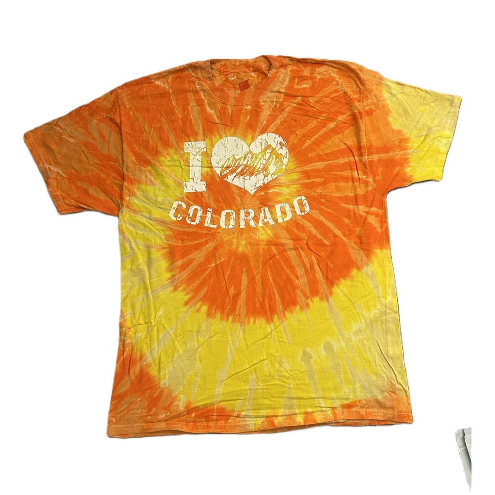 Hanes I Love Colorado TShirt Mens XL Orange Yellow Tie Dye Excellent Tourist Tee